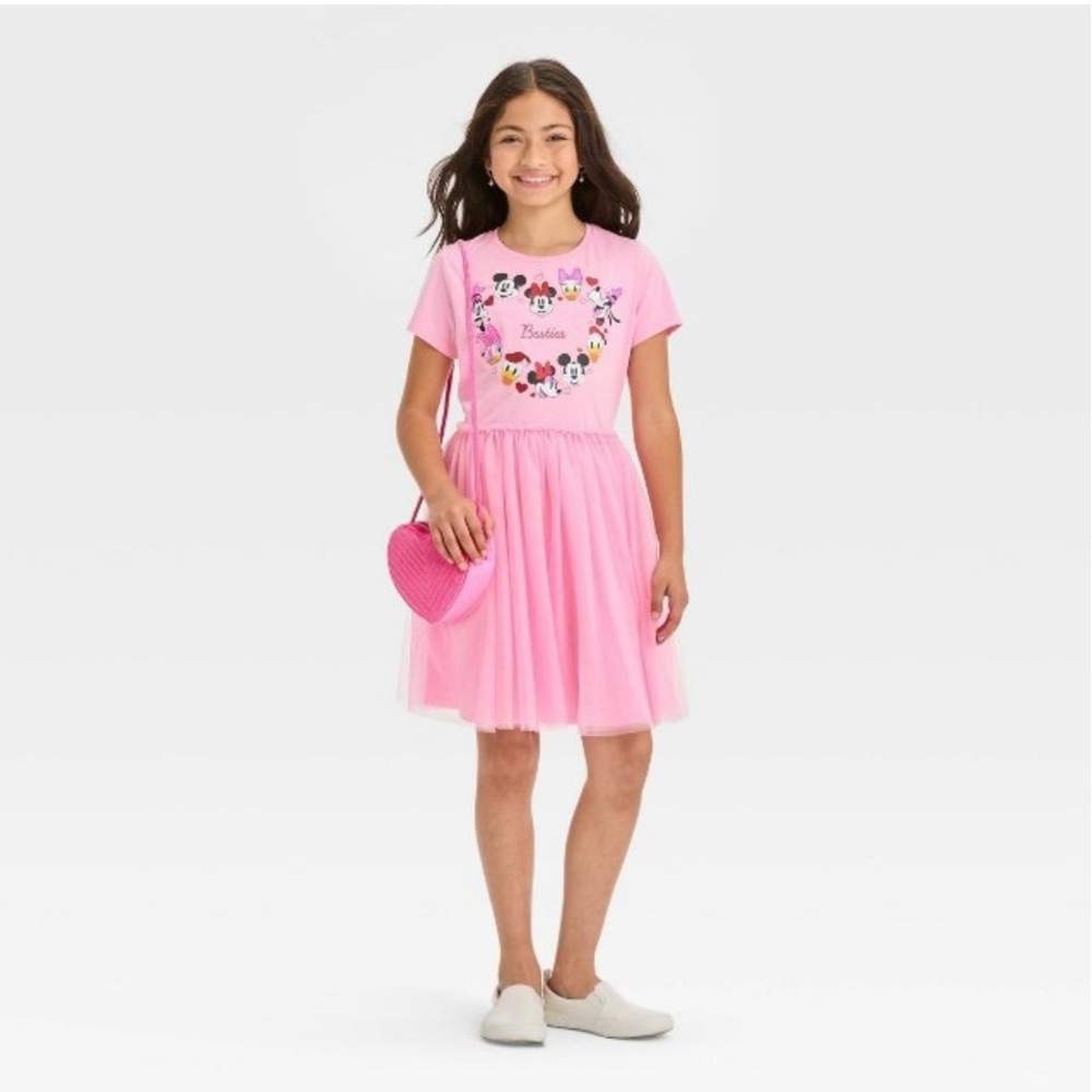 Disney Girls Pink Besties Mickey Minnie Mouse Goofy Daisy Duck Dress LARGE